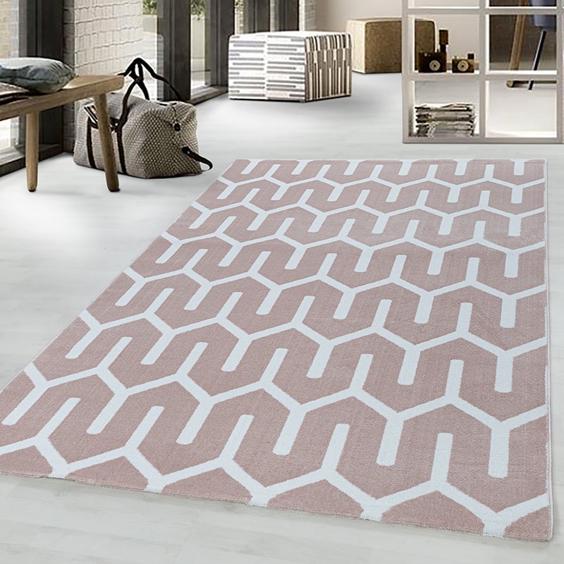 Modern Floor Rug - Streaky Pattern Pink/White