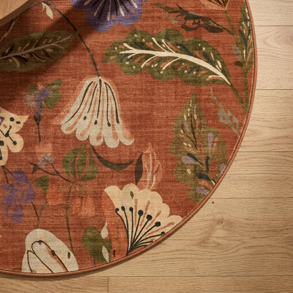 Round washable rug - Misty Flowers Terracotta