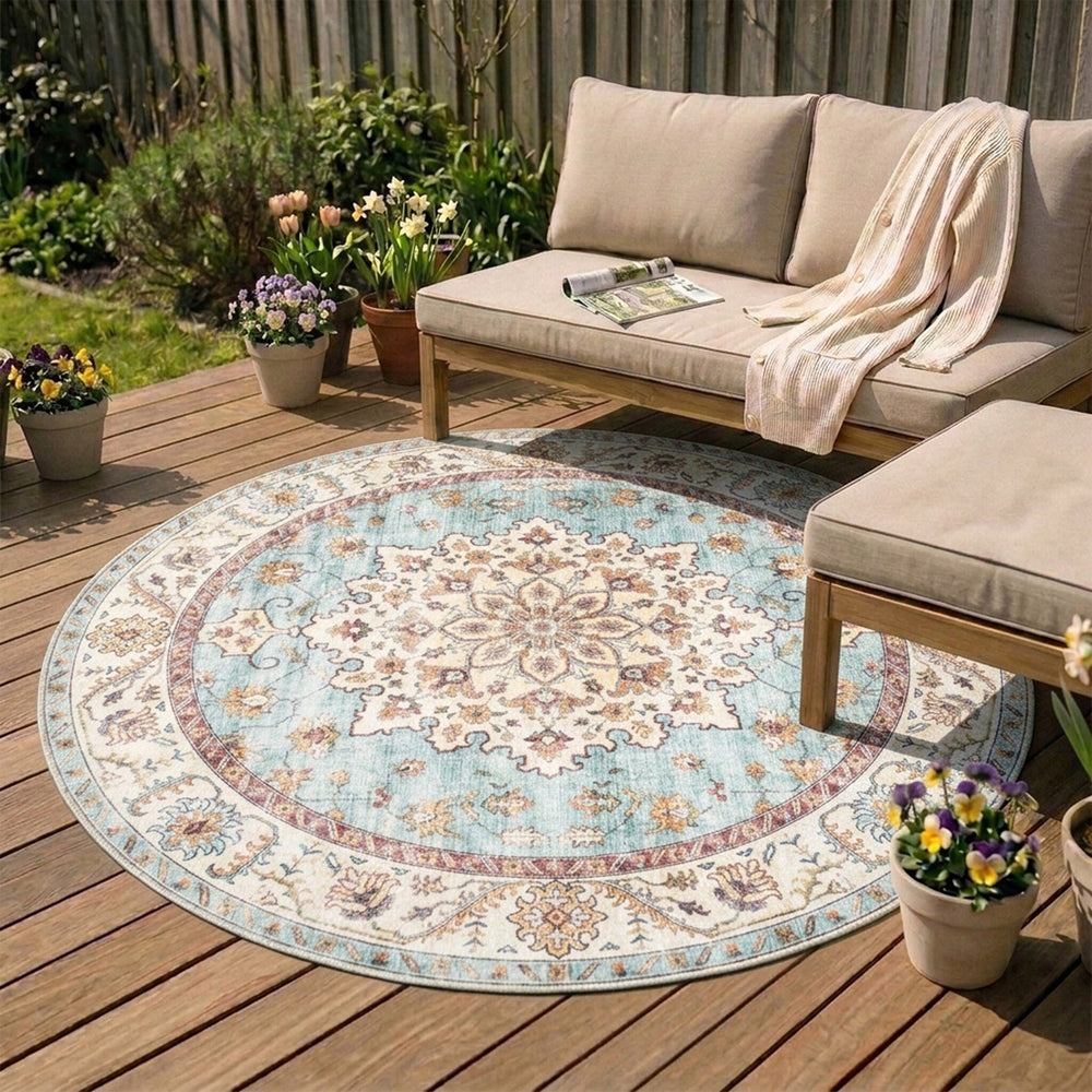 Round Vintage Outdoor Rug - Santo Medallion Light Blue